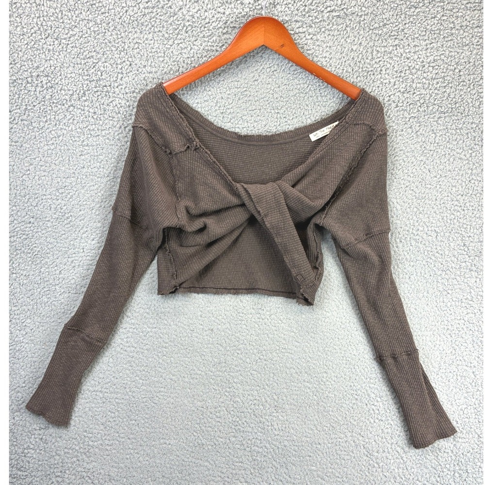 Free People We The Free Twist Front Top Womens L Brown Waffle Knit Cropped